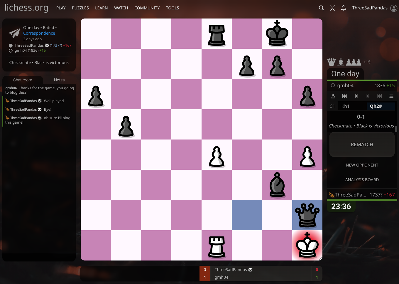 The Lichess post-game chat. gmh04 writes: Thanks for the game, you going to blog this? ThreeSadPandas replies: Well played. Bye! oh sure i’ll blog this game!