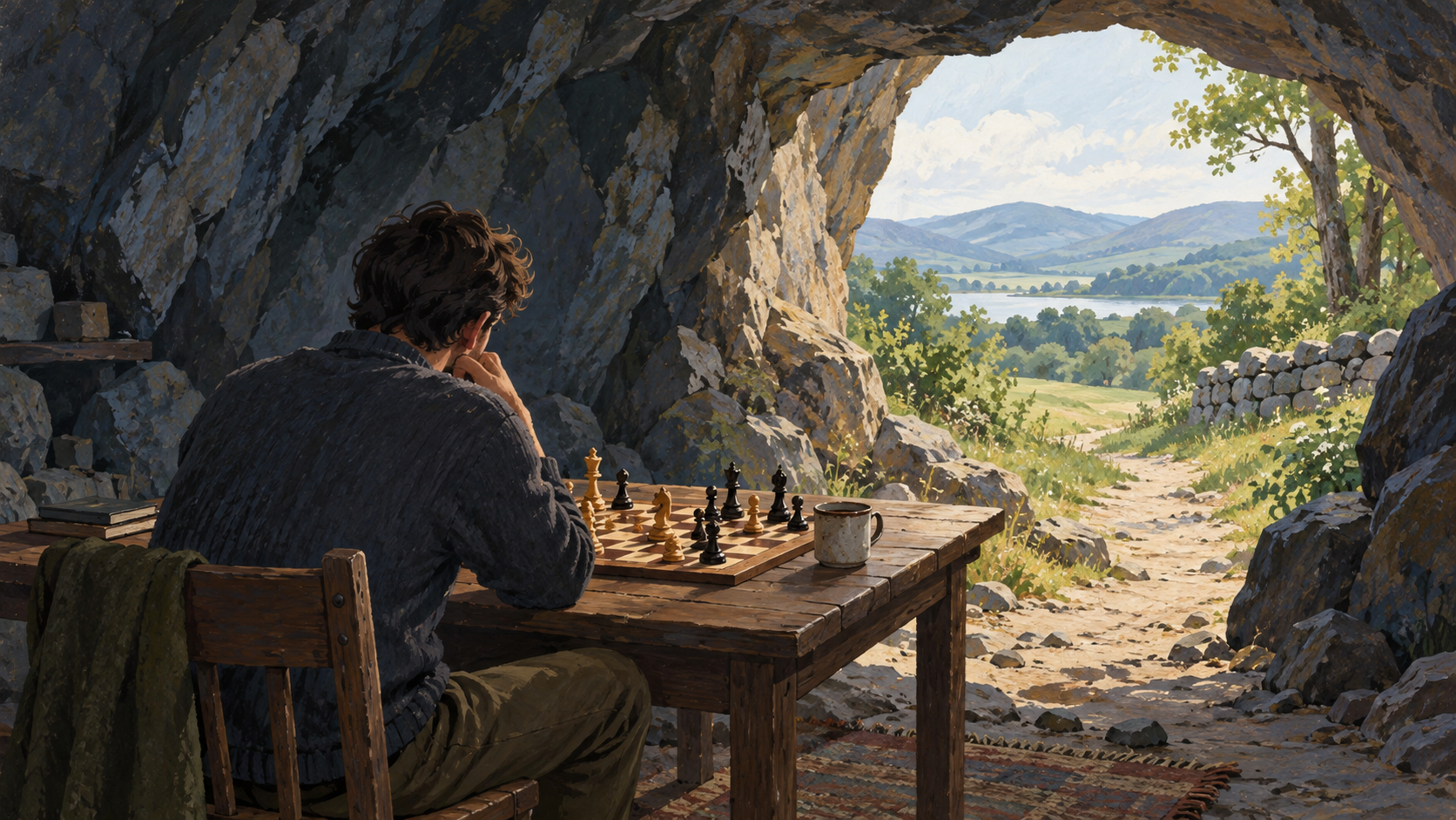 A person studying chess in a sheltered cave, beside a path leading back into the open landscape